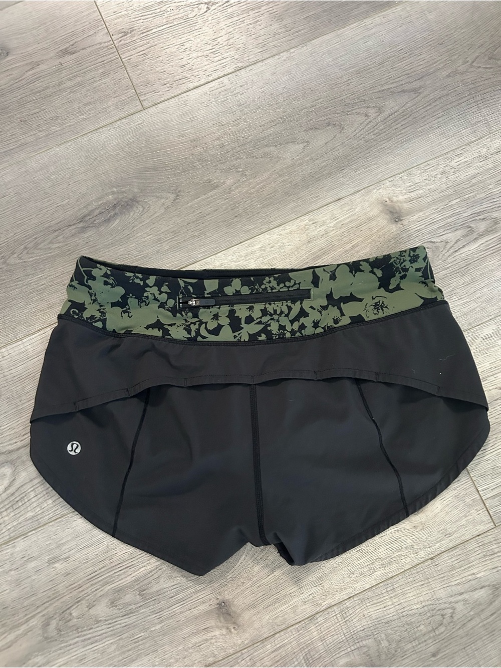 lululemon athletica Black Athletic Shorts with Olive Green Patterned Waistband